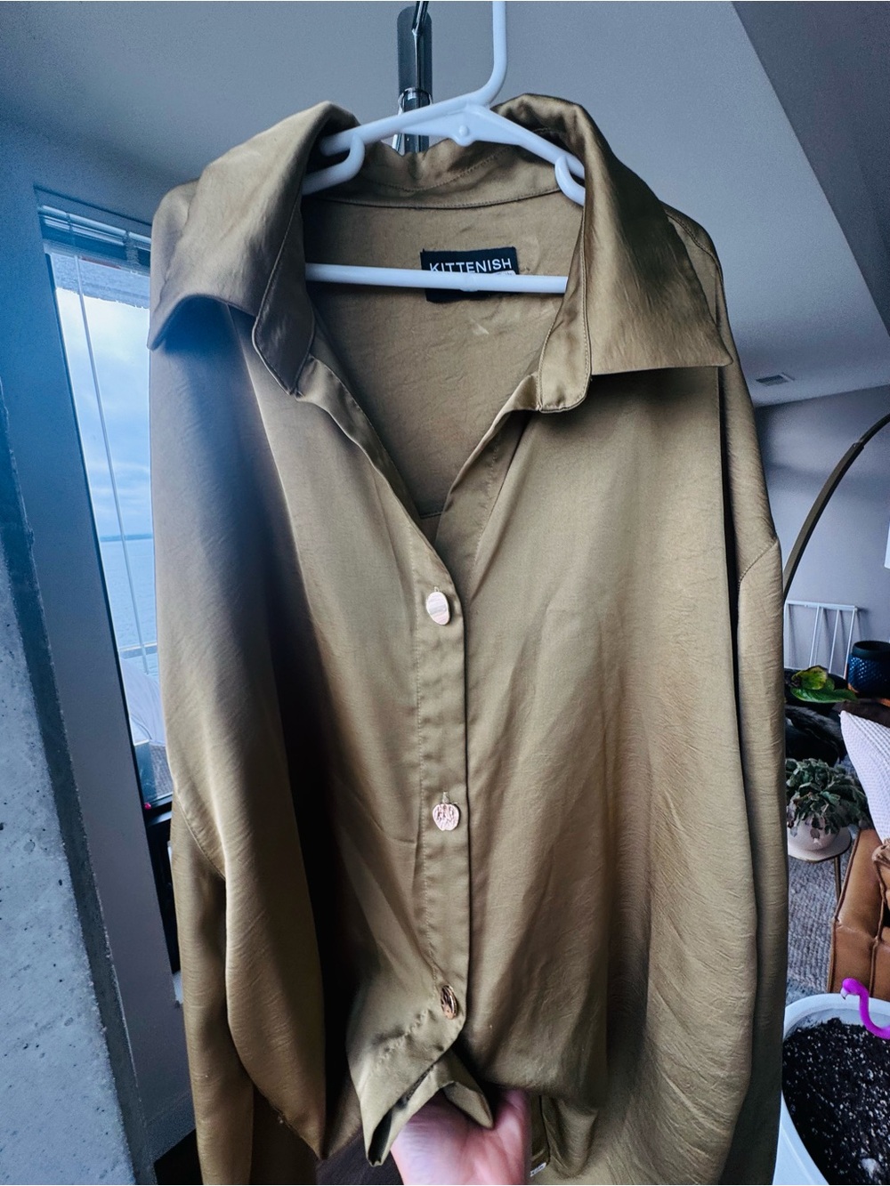 Kittenish Olive Satin Button-Front Blouse